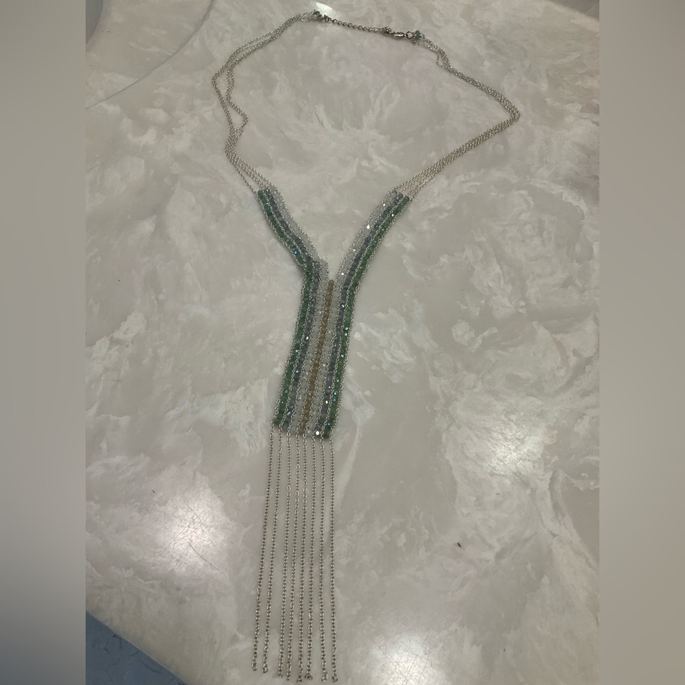 Long Nakamol Green Bead and Silver Chain Fringe Necklace, Excellent Condition - Picture 2 of 10